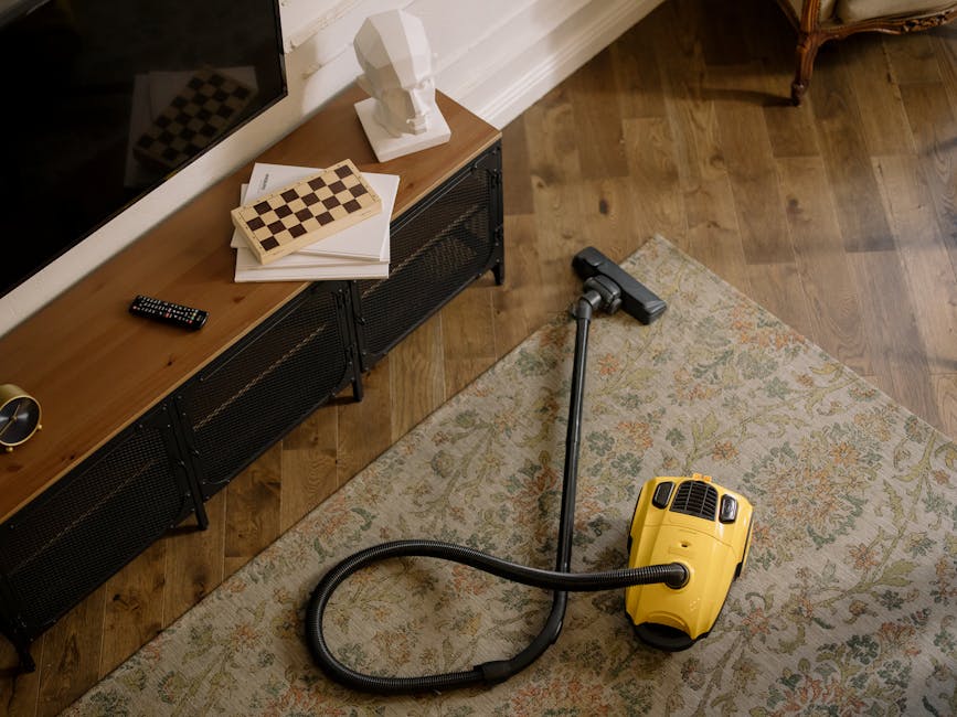 A young boy using a vacuum cleaner to clean a beige fabric sofa in a bright living room with white walls, large windows with sheer curtains, and wooden flooring covered partially by an orange and whit